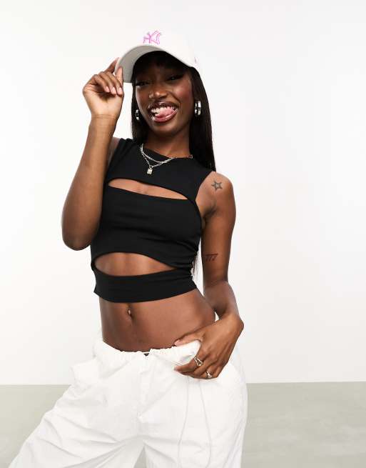 ASOS DESIGN Crop top nero in cotone con intagli e scollo a