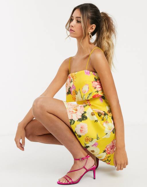asos yellow skater dress 10 ASOS DESIGN Petite embellished crochet cut out mini skater dress with godet  in yellow