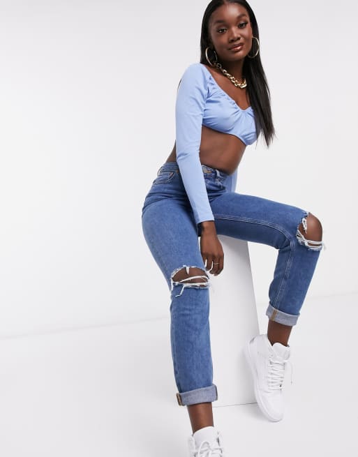 ASOS DESIGN - Crop top super court à manches longues et buste froncé - Bleu, 4 de 4