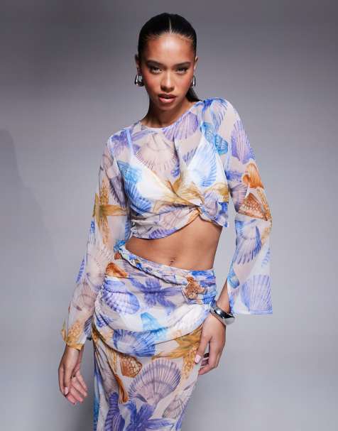 ASOS DESIGN - Crop top van chiffon met lange mouwen en schelpenprint, deel van co-ord set - view 1