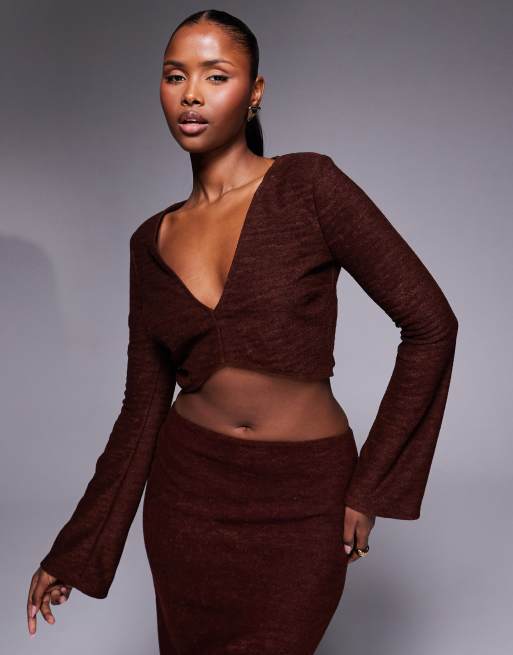 ASOS DESIGN - Co-ord set van geborstelde geribbelde crop top met V-hals en maxirok, 3 van 3