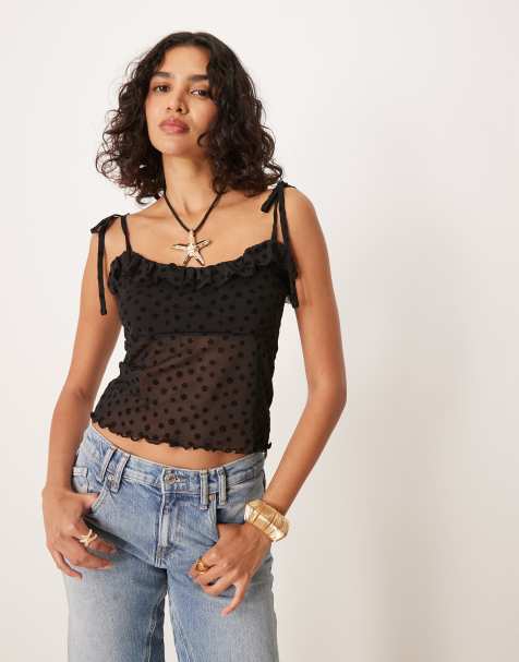 ASOS DESIGN - Crop top van geflockt mesh met gestrikte camibandjes en bloemenprint in zwart - view 1
