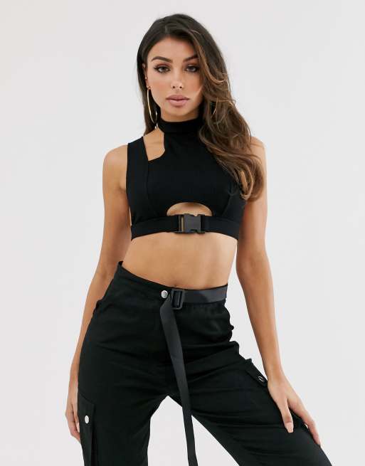 Adult Metallic Black Bra Top With Cutout Detail