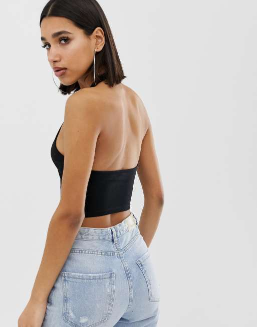 ASOS DESIGN cowl neck halter crop top with chain back in black