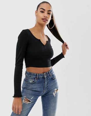 ASOS DESIGN crop top with long sleeve and notch detail in black | ASOS