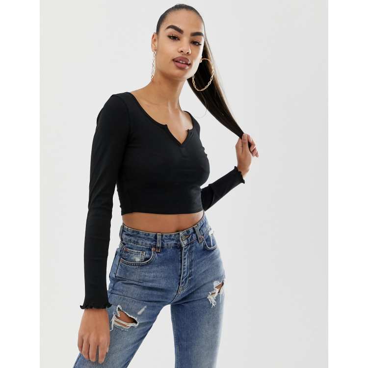 ASOS DESIGN fitted crop t-shirt with long sleeve in black