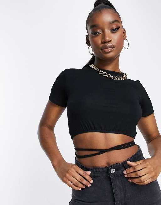 ASOS DESIGN crop top with multi tie wrap in black