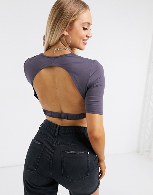 ASOS DESIGN crop top with open back and half sleeve in blue