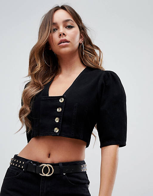 ASOS DESIGN crop top with puff sleeves in washed black