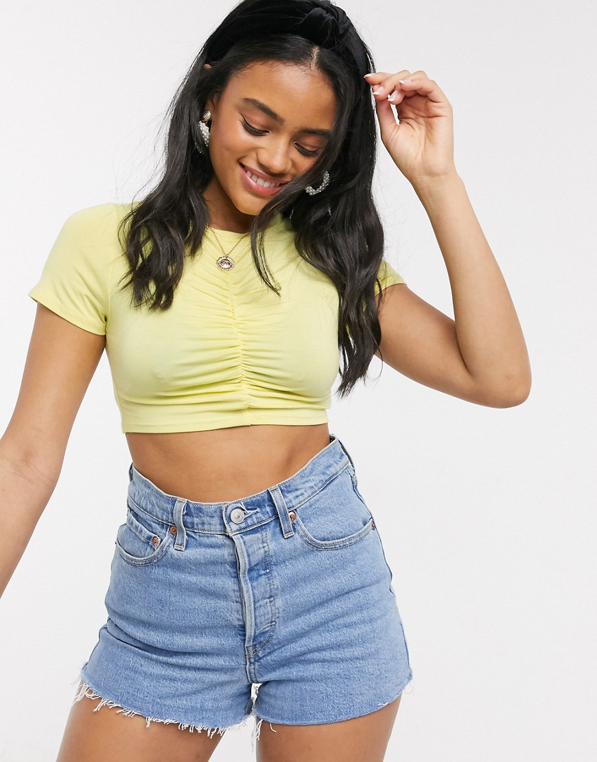 ASOS DESIGN crop top with ruched front in lemon-White