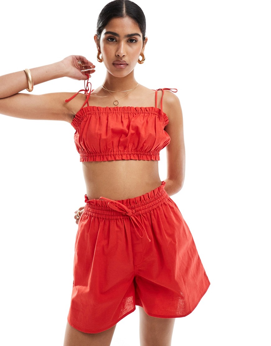 ASOS DESIGN crop top with ruffle and tie detail in red co-ord