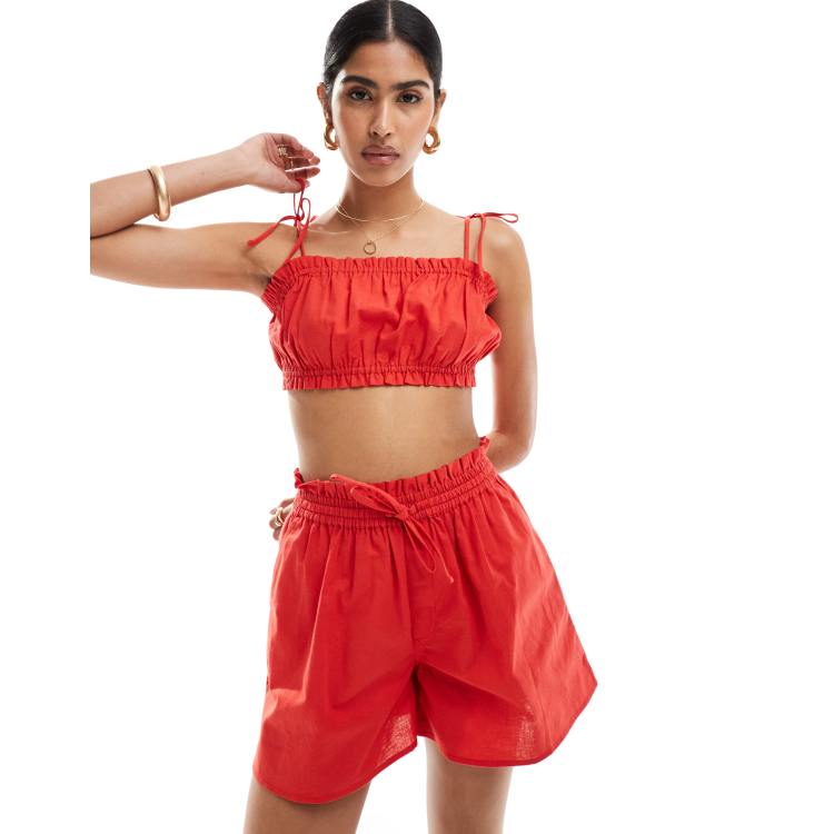 Red ruffle crop top deals