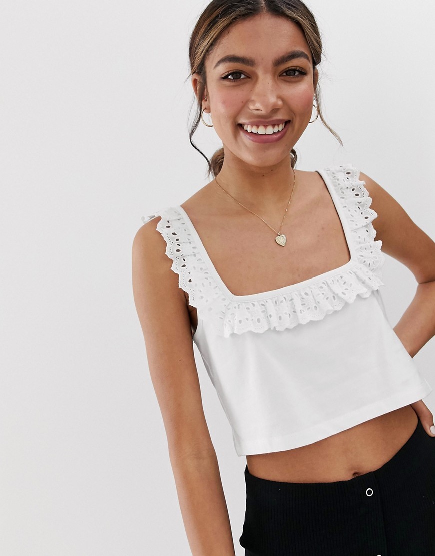 ASOS DESIGN crop top with square neck and broderie trim-White