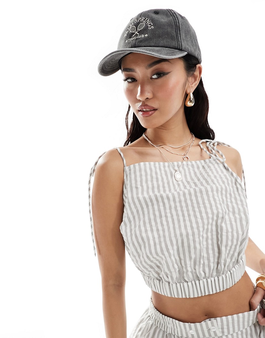 crop top with tie detail in gray stripe - part of a set