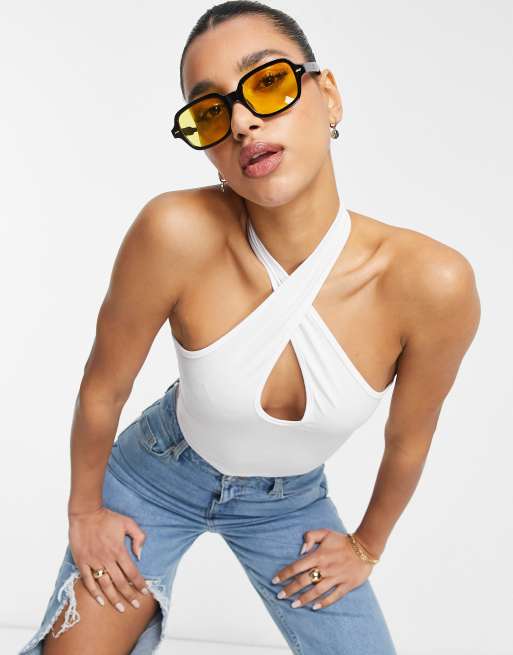 ASOS DESIGN crop top with wrap halterneck in white