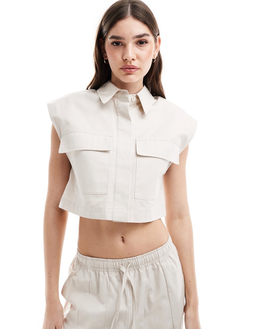 ASOS DESIGN crop utility clean shirt in stone co-ord-White