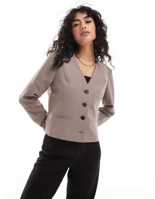 Asos Design Crop V Neck Jacket In Mocha-neutral