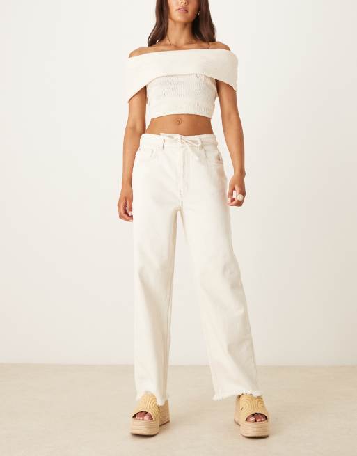 ASOS DESIGN crop wide leg dad jean with belt in ecru