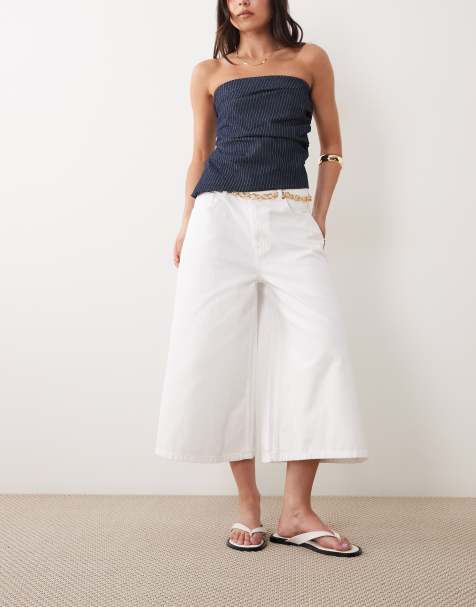 ASOS DESIGN crop wide leg jeans in white with chain belt - view 1