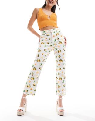 Asos Design Cropped 90's Straight Jeans In Lemon Print-white