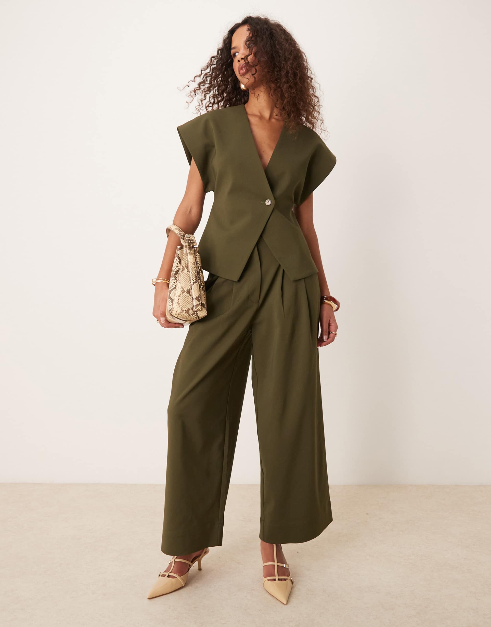 asos design cropped adjustable tab waist pants in olive - part of a set