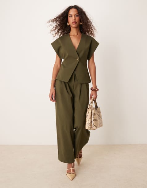 ASOS DESIGN cropped adjustable tab waist pants & waistcoat set in olive - view 1
