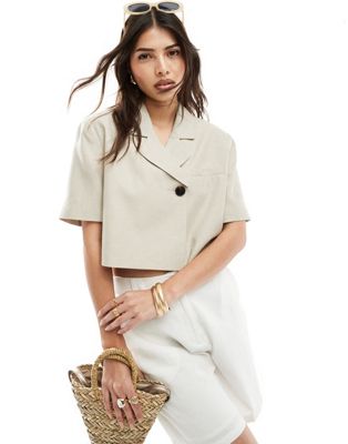 ASOS DESIGN cropped asymmetric blazer with short sleeves in beige