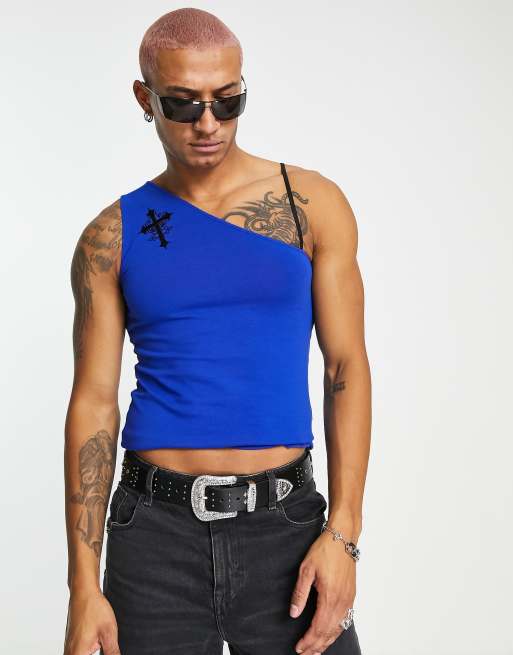 ASOS DESIGN - Cropped asymmetrisch hemd met geborduurd kruisje in diep blauw