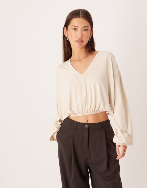 ASOS DESIGN cropped balloon sleeve v-neck top in coconut milk - view 1