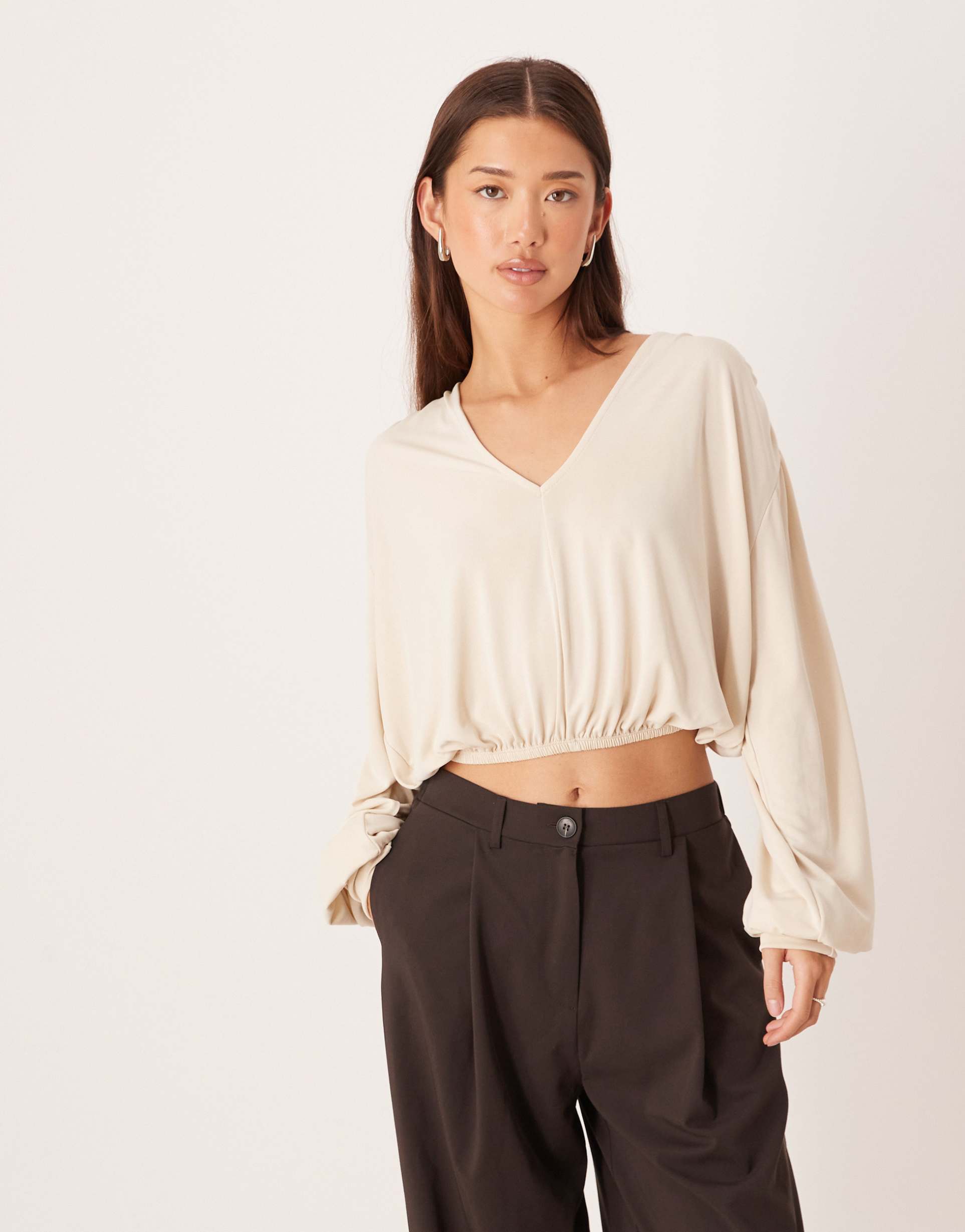 asos design cropped balloon sleeve v-neck top in coconut milk