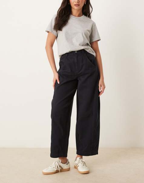 ASOS DESIGN cropped barrel leg jean with button fly in navy - view 1