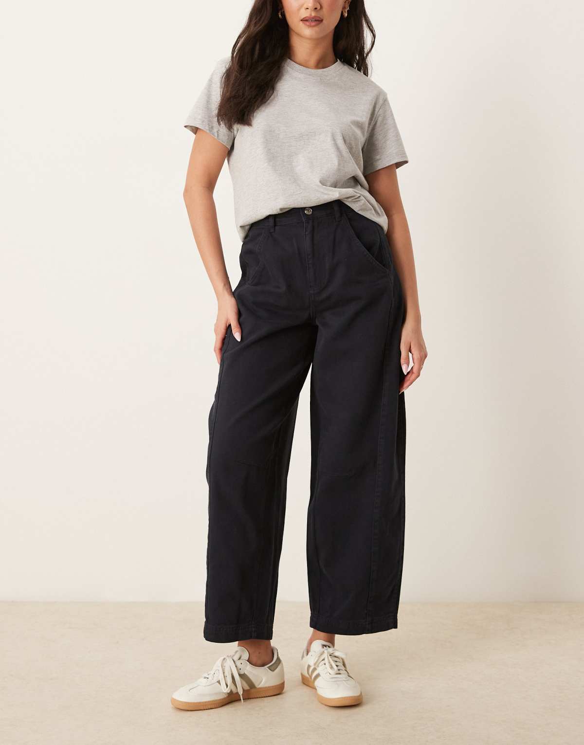 ASOS DESIGN cropped barrel leg jean with button fly in navy