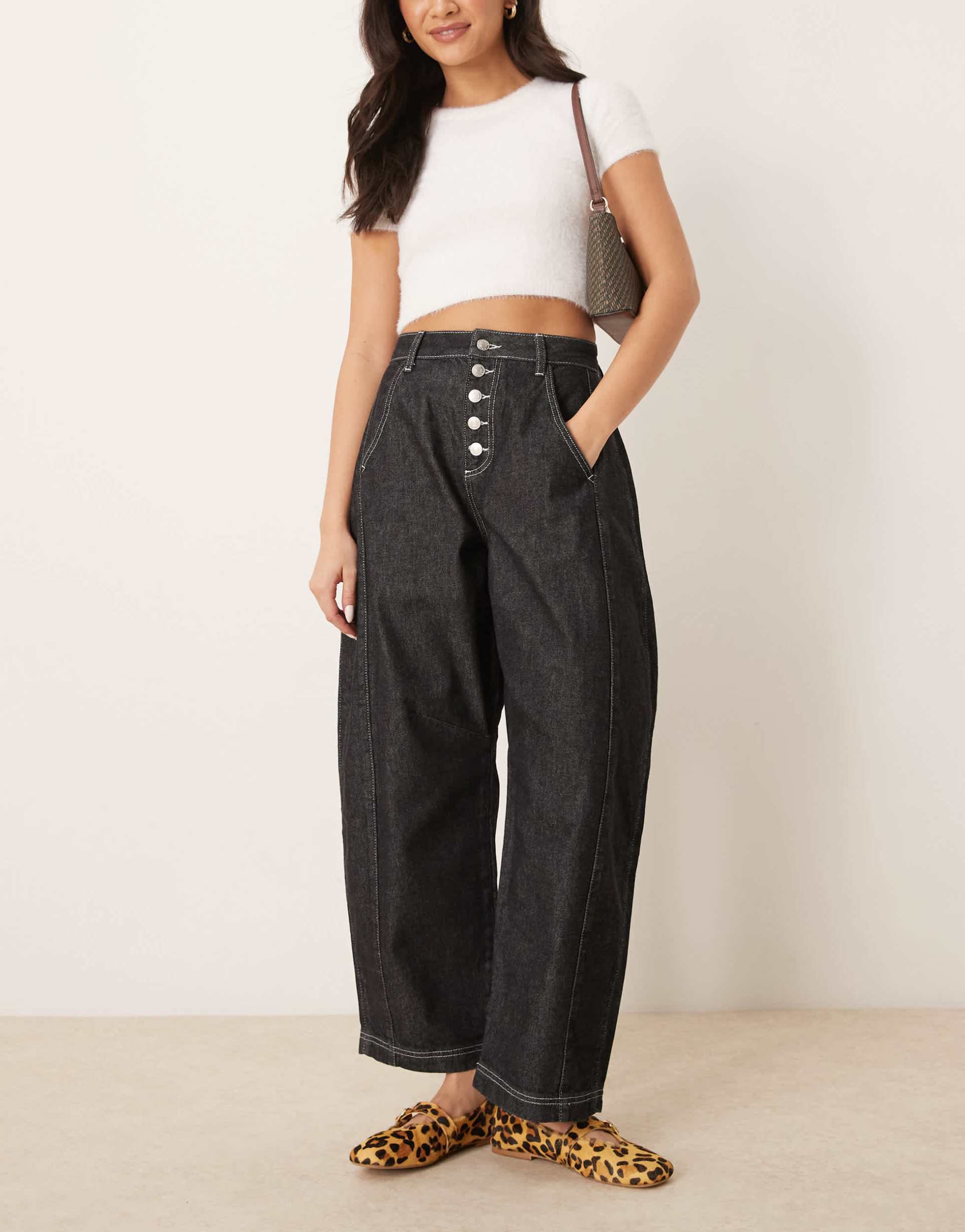 asos design cropped barrel leg jean with side panel in black