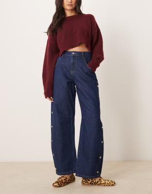 cropped barrel leg jean with snap details in indigo-Blue