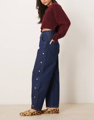 ASOS DESIGN cropped barrel leg jean with snap details in indigo
