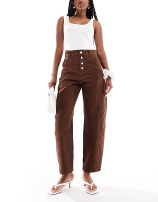 Asos Design Cropped Barrel Leg Jeans With Button Fly In Brown