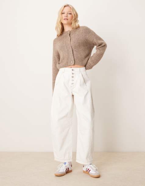 ASOS DESIGN cropped barrel leg jeans with button fly in ecru - view 1