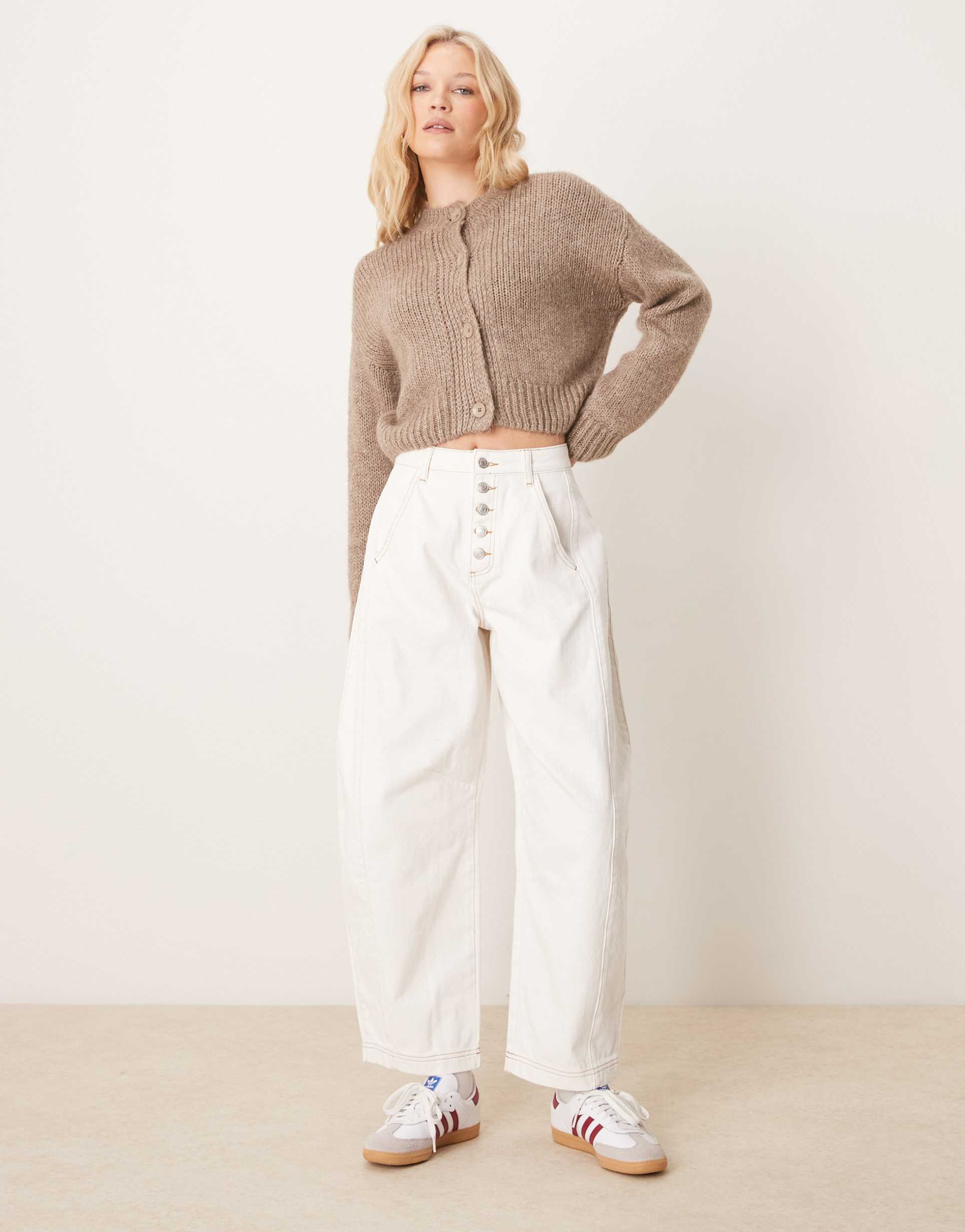 asos design cropped barrel leg jeans with button fly in ecru