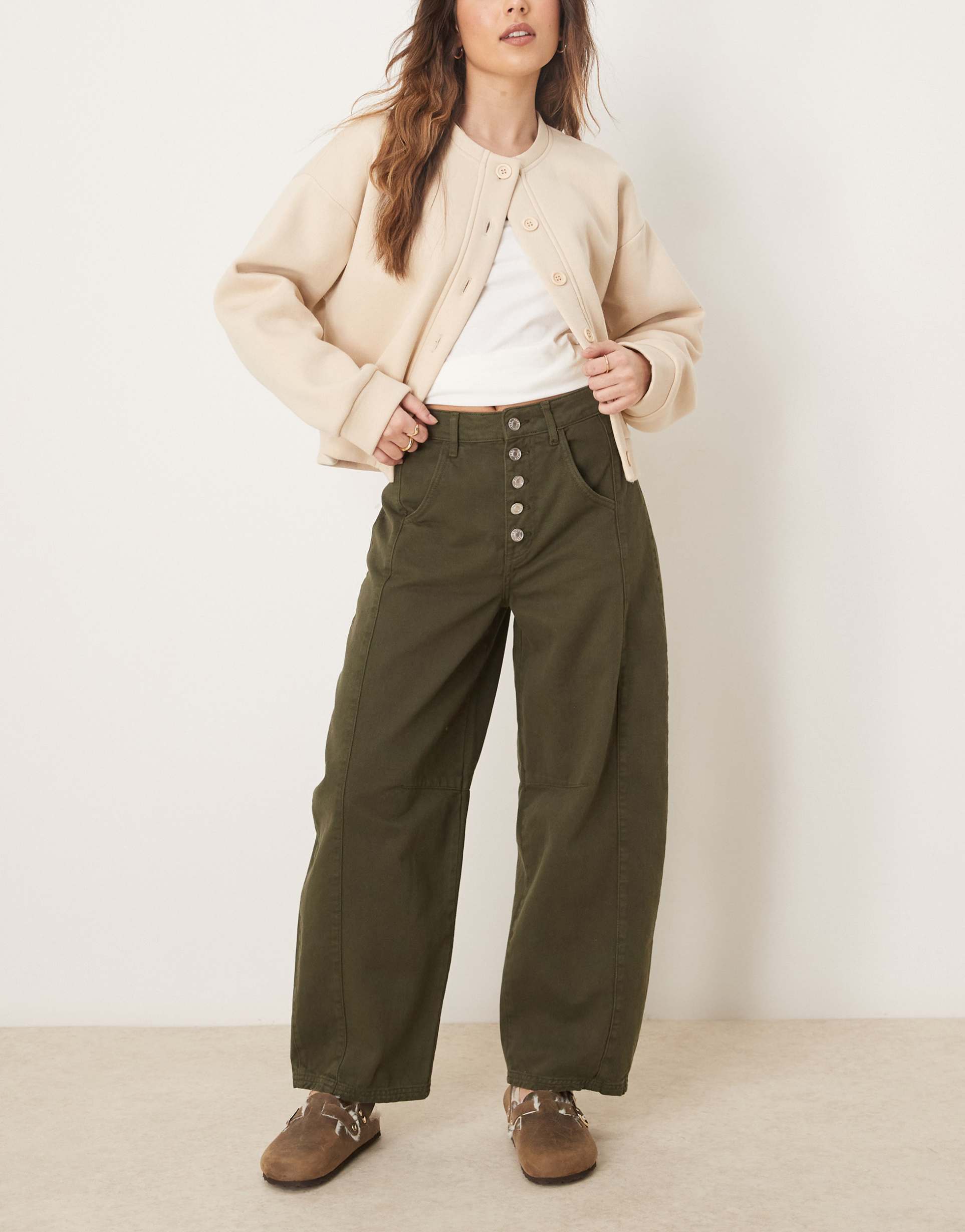 asos design cropped barrel leg jeans with button fly in green