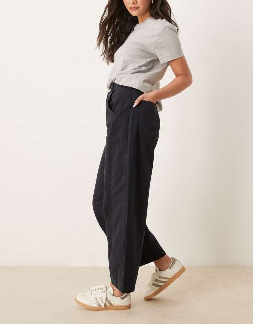 ASOS DESIGN cropped barrel leg jeans with button fly in navy, 3 of 5