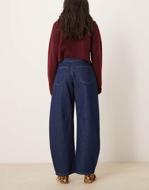 ASOS DESIGN cropped barrel leg jeans with popper details in indigo, 2 of 5