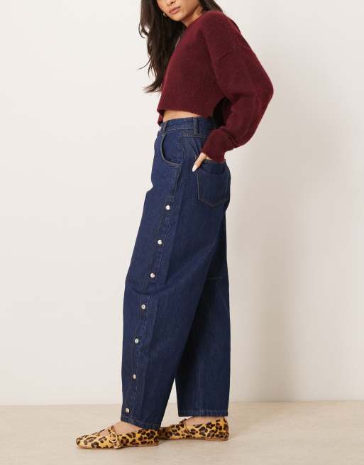 ASOS DESIGN cropped barrel leg jeans with popper details in indigo, 3 of 5