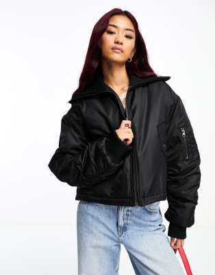 Asos Design Cropped Bomber Jacket With Rib Detail In Black