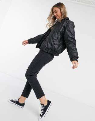 asos design leather bomber jacket in black