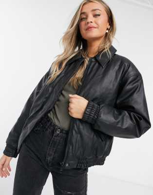 asos design leather bomber jacket in black