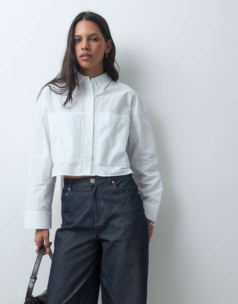 ASOS DESIGN cropped bomuldsskjorte med lomme-detalje i hvid - view 1