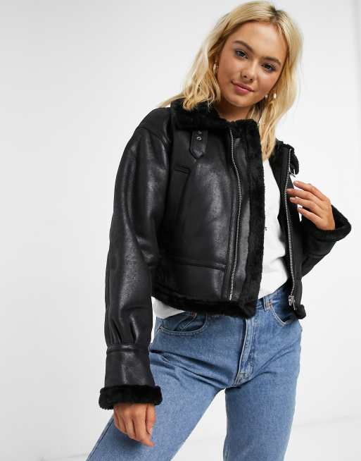 ASOS DESIGN cropped borg aviator jacket in black