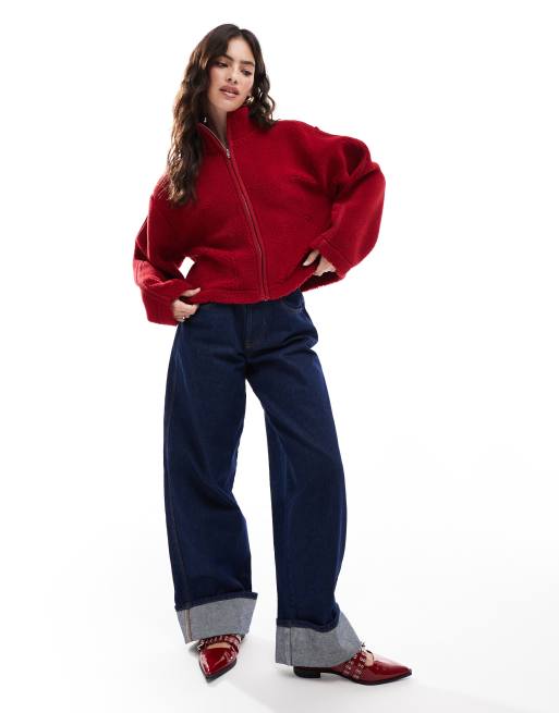 ASOS DESIGN - Cropped borgjack met opstaande boord en bies op de mouwen in rood, 3 van 4