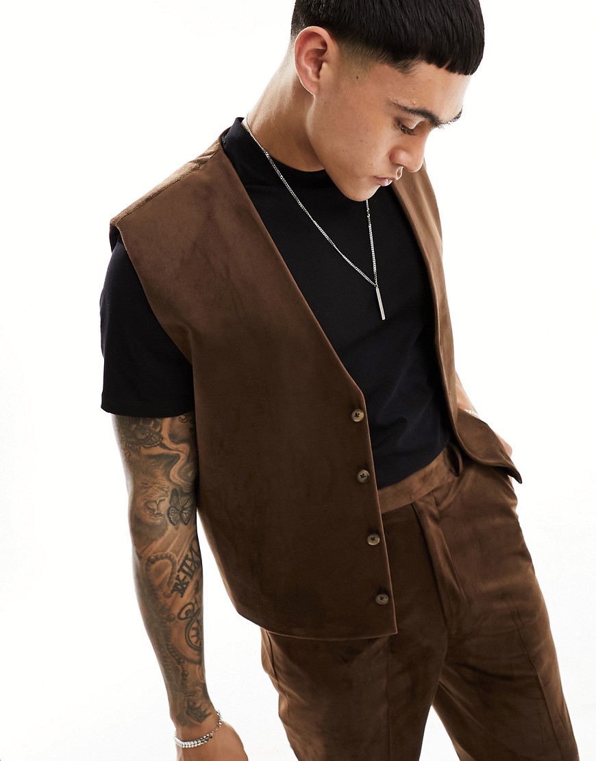 Asos Design Cropped Boxy Suit Vest In Brown Suedette