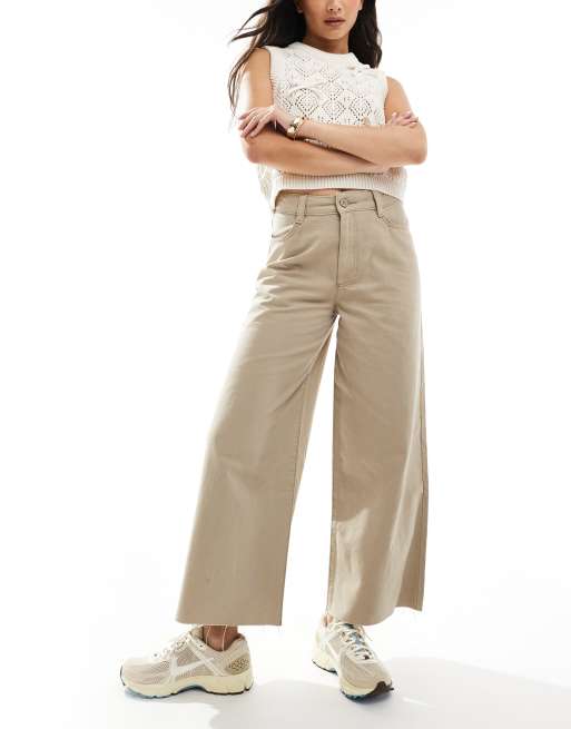 ASOS DESIGN - Cropped broek met wijde pijpen en onafgewerkte zoom in stone